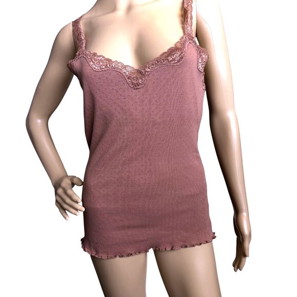 Moda International Pink Lace-Trimmed Camisole Top Medium 100% Cotton Coquette - Picture 10 of 15